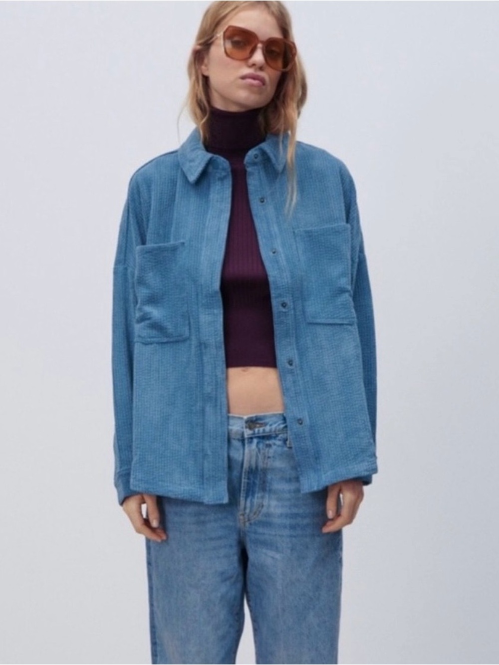 Zara Blue Corduroy Oversized Shacket Shirt Jacket